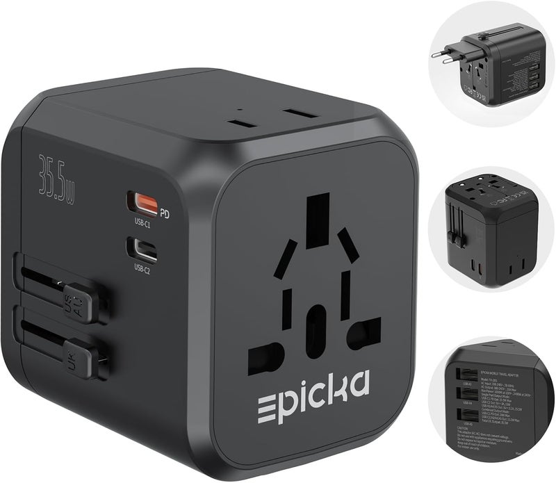 EPICKA 35W Universal Travel Adapter with 2 AC Outlet, European Travel Plug Adapter with PD Fast Charging, 6-Port (2 AC/2 USB-C/3 USB-A) International Power Adapter - Travel Essentials (TA-205, Black) - Image 1